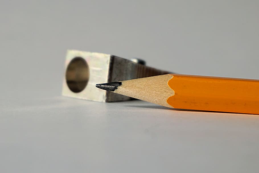 orange pencil near gray single-hole sharpener, pencil sharpener HD wallpaper