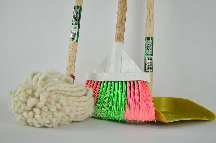 white floor map, broom and dustpan, ragpicker, mop, toilet, cleaning
