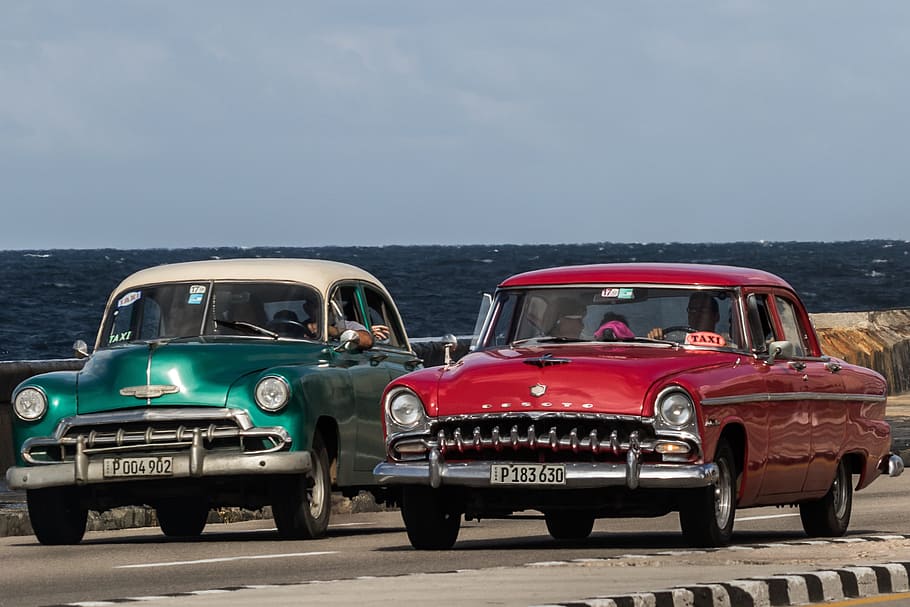 cuba, havana, malecon, almendrones, green, chevy, red, desoto HD wallpaper