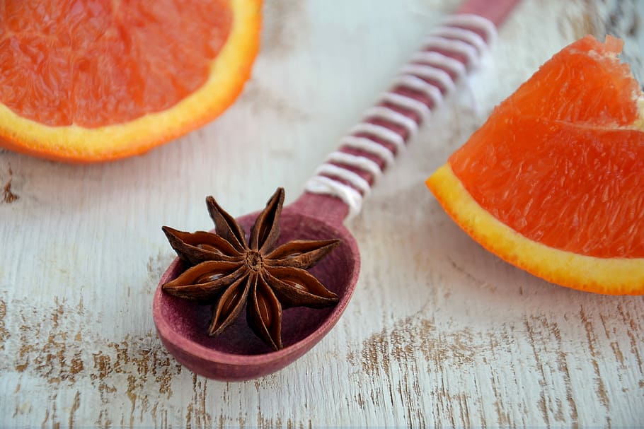 star anise on spoon, spices, ingredients, kitchen, red orange HD wallpaper