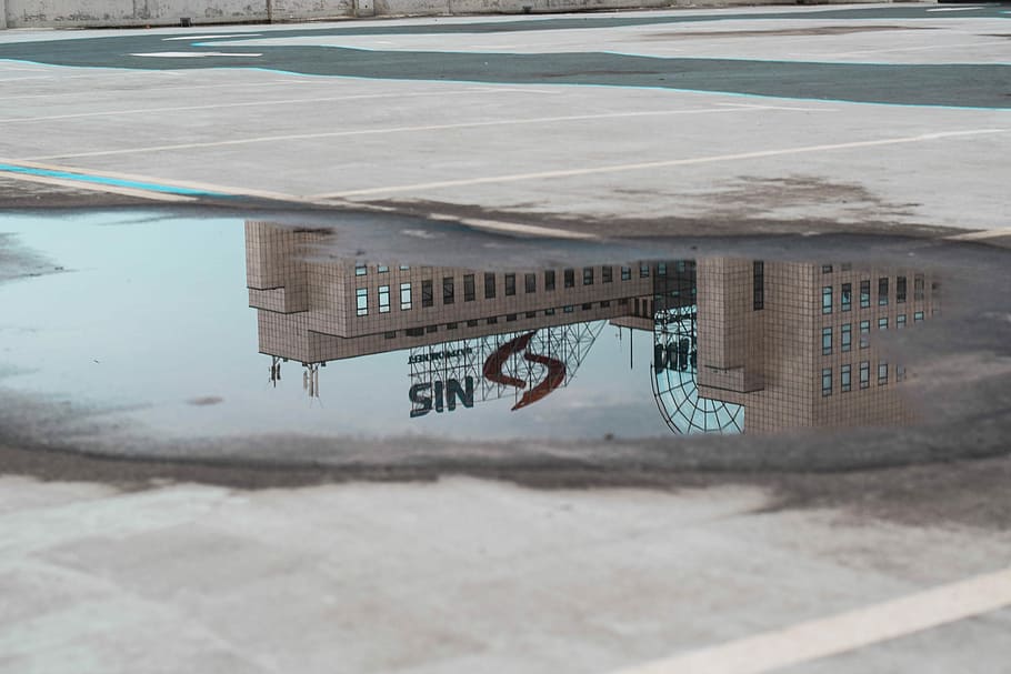 reflection of building on water, puddle, concrete, shadow, blue HD wallpaper