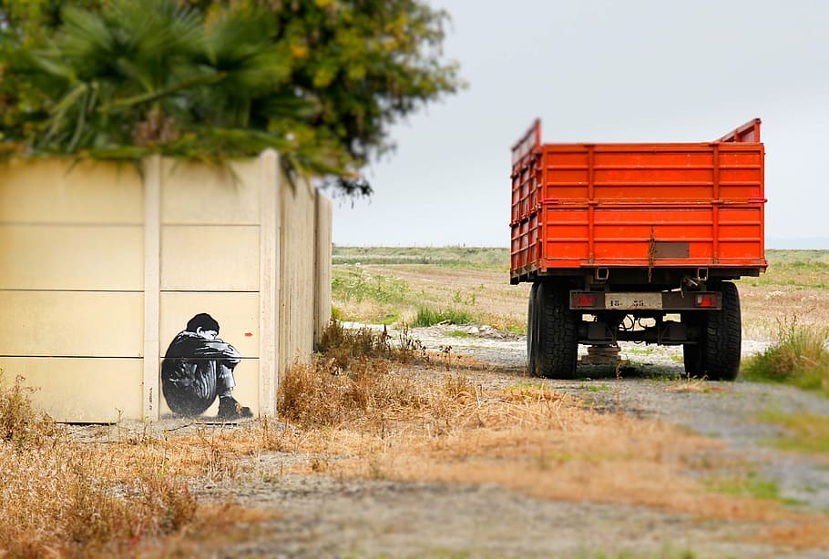 orange dropside truck near fence, sad, alone, lonely, leave HD wallpaper