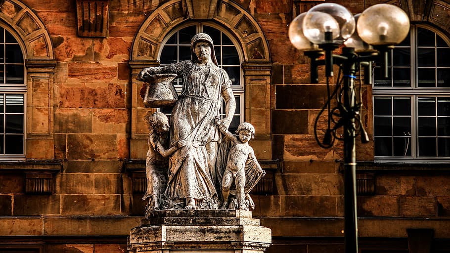 town hall, stature, window, lamp, woman, child, son, daughter
