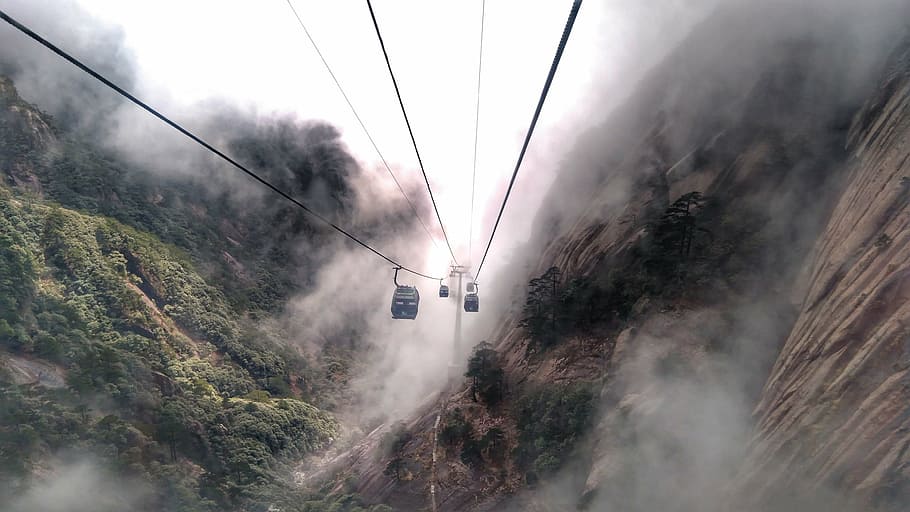 cable cart with fogs, huangshan, the scenery, cloud, outdoors HD wallpaper