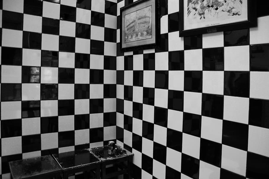black and white checkered wall with paintings, Squares, Tiles