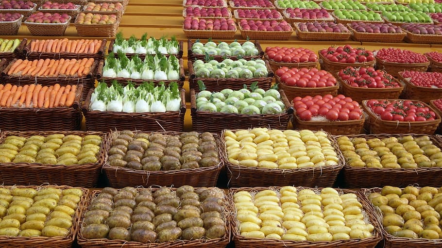 fruit stand, vegetables, potatoes, tomatoes, carrots, celery HD wallpaper
