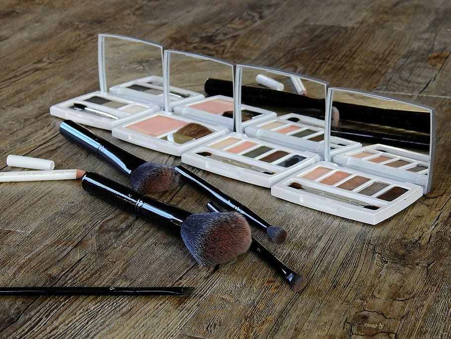 photo of four makeup palettes beside brush set, cosmetics, make up HD wallpaper