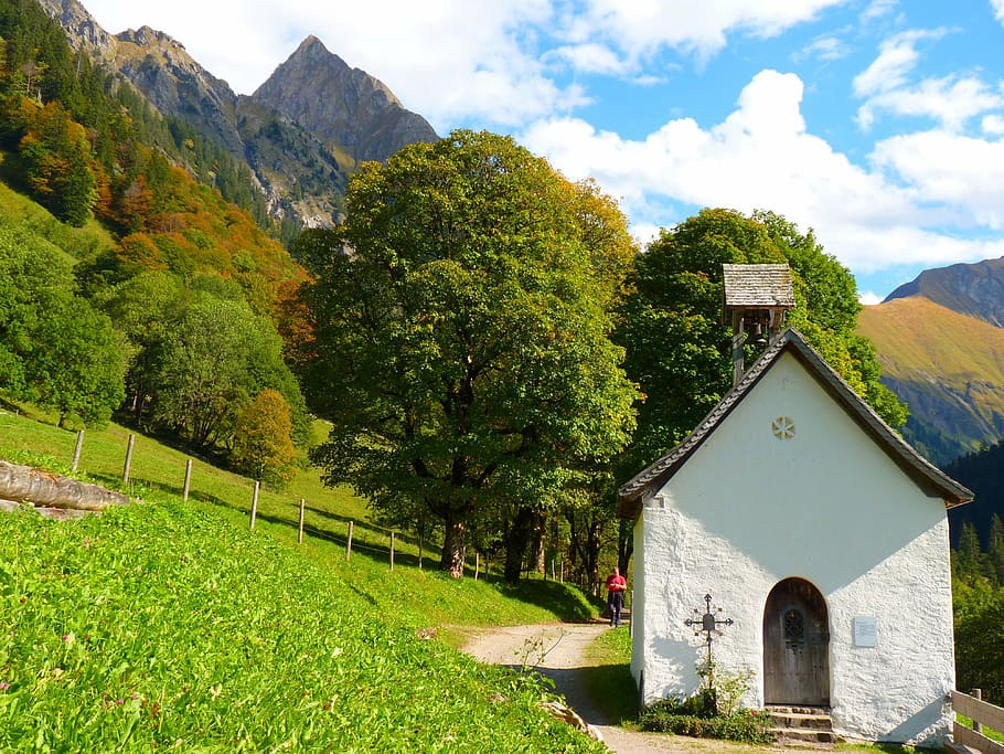 white house near trees, church, mountains, gerstruben, plant HD wallpaper