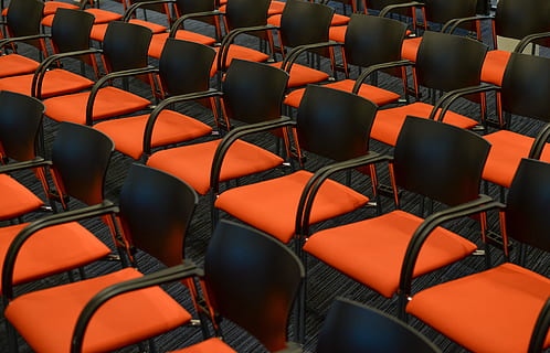 photo orange and black empty seats, congress, theater, interior HD wallpaper