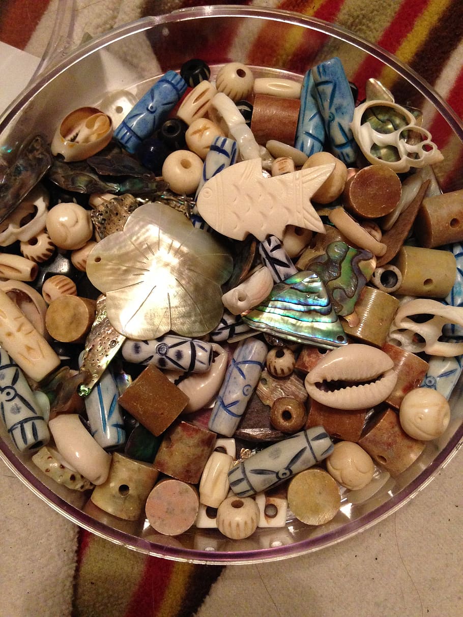 sea shells, beads, bowl, decoration, high angle view, food HD wallpaper