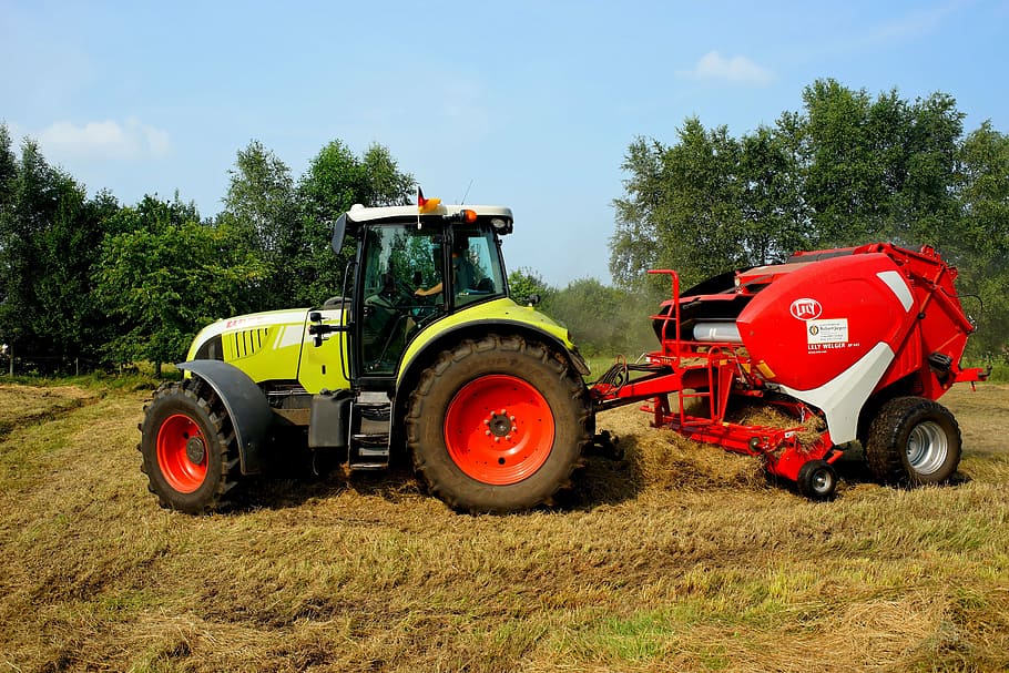 green and white tractor, round baler, custom work, hay, retract HD wallpaper