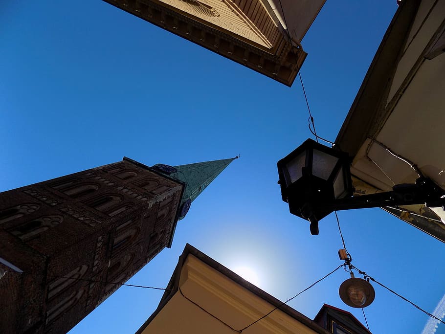 sky, blue, tower, spire, roof, building, lantern, wall, structure HD wallpaper
