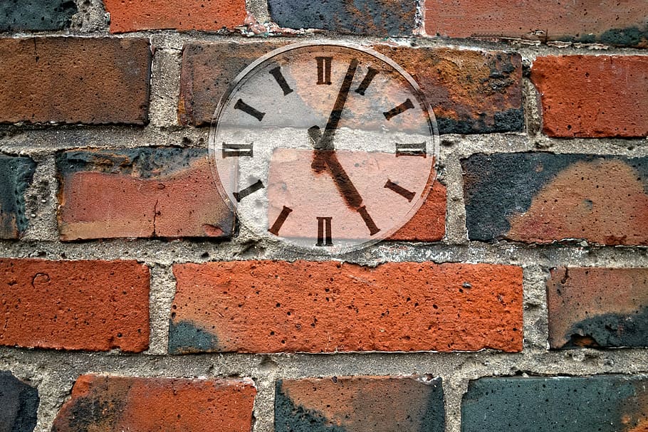 clock, wall, brick wall, clock on wall, time, hour, dial, face HD wallpaper