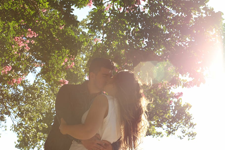 couple kissing under tree, romance, woman, young, love, romantic
