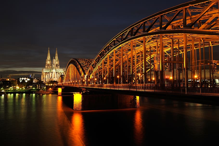 suspension bridge cityscape at night, cologne, dom, architecture HD wallpaper