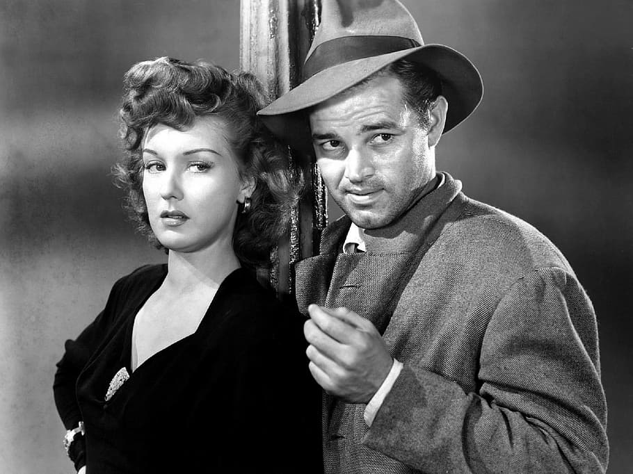 grayscale photo of man and woman, ann savage, tom neal, actress