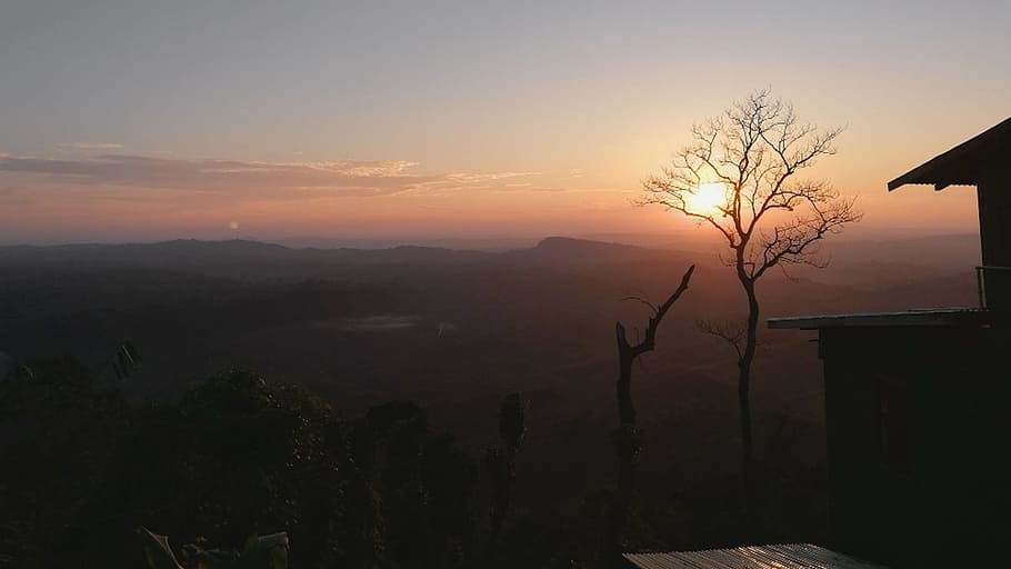 dawn, sunset, sky, panoramic, nature, sajek, bangladesh, tree, HD wallpaper