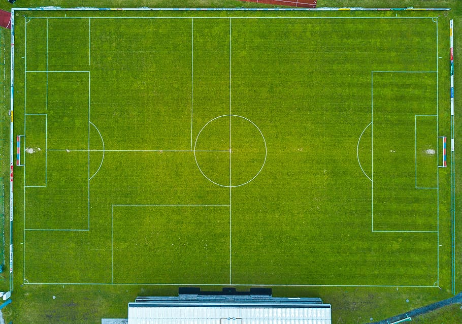 aerial photo of soccer field, pitch, grass, green, team sport, HD wallpaper