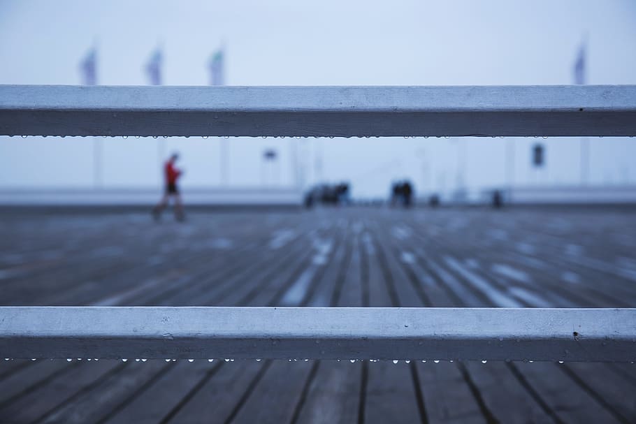 people, bridge, jetty, pier, quay, rain, rainy, sea, seashore HD wallpaper