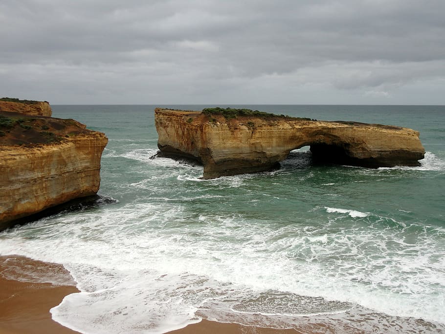 rock, beach, cliff, stone, sea, nature, ocean, sand, coast HD wallpaper