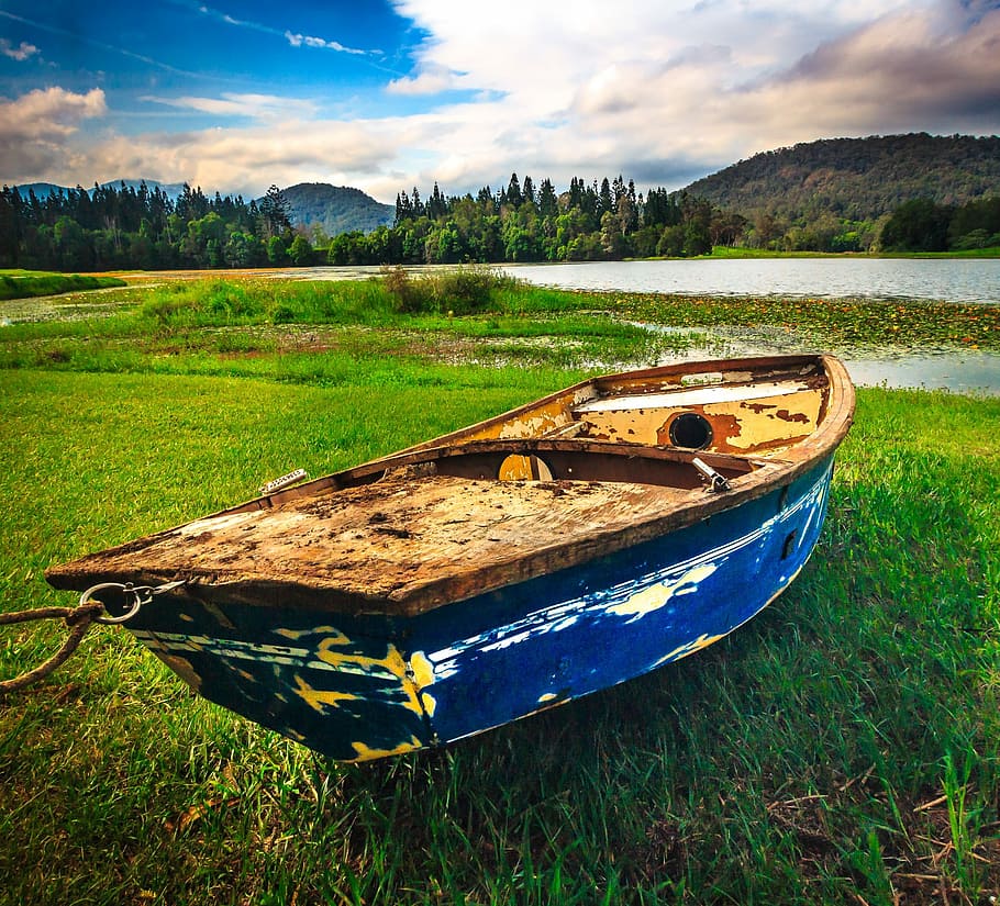 Sky, Cloud, Boat, Blue, Grass, Water, summer, landscape, nature HD wallpaper