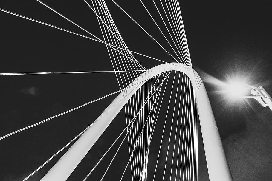 worms view of white steel structure, grayscale photo of bridge suspension cables HD wallpaper