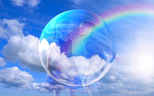 boy about to kiss girl with rainbow background, clouds, sky HD wallpaper