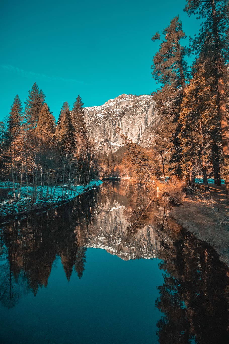 lake surrounded by tall trees under blue sky, body of water near trees and mountain under blue sky at daytime HD wallpaper