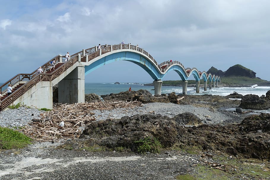 bridge, taiwan, sanxiantai, sea, pacific, ocean, bank, beach, HD wallpaper