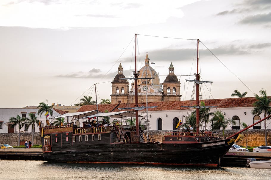 black galleon ship, Colombia, Caribbean, Cartagena, boot, sail, HD wallpaper