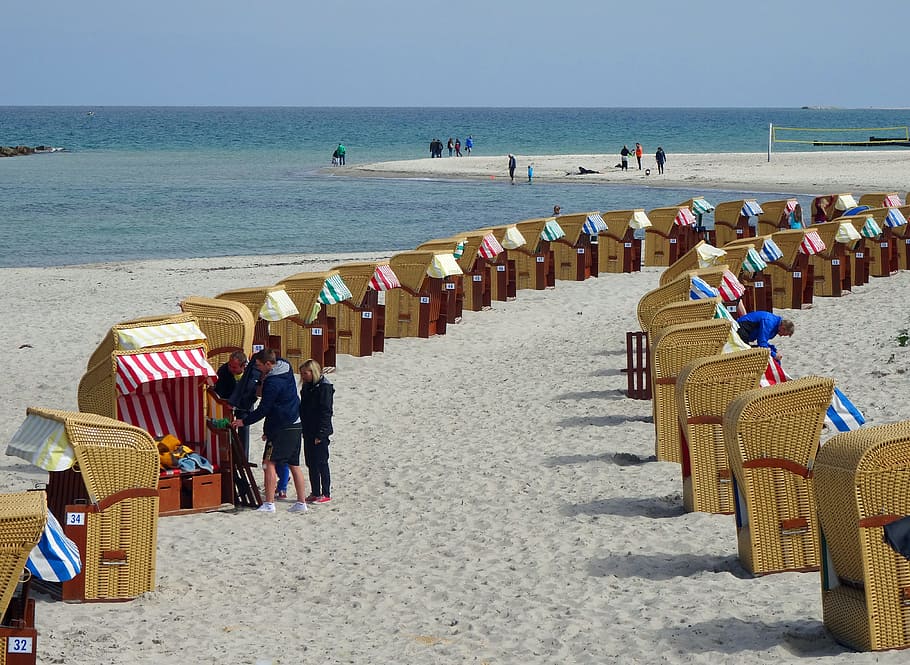 summer, beach, sea holiday, land, water, sand, chair, group of people HD wallpaper