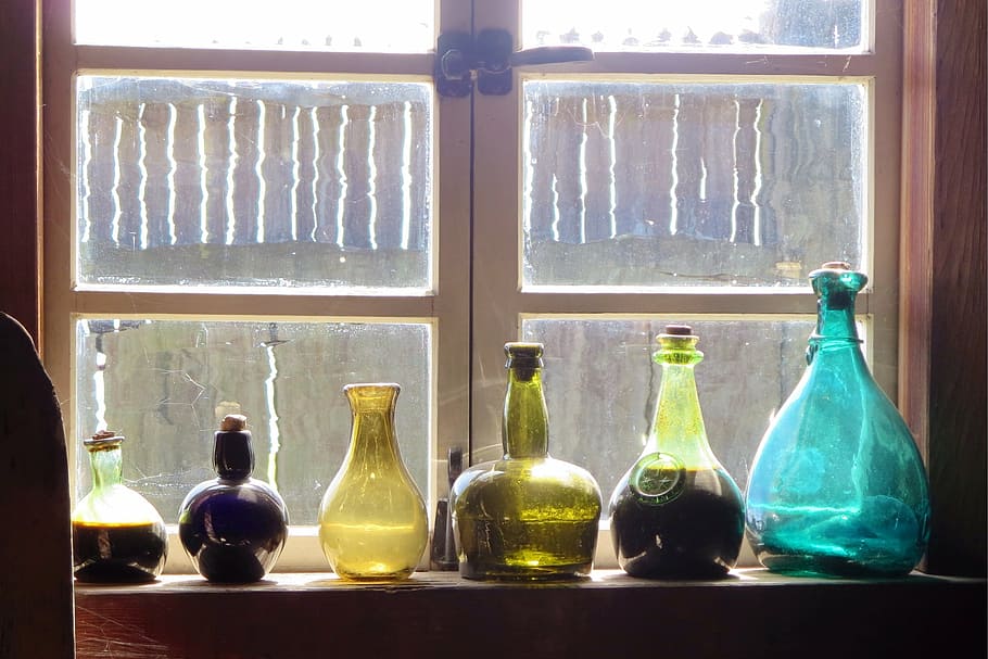assorted-color several glass vases on window, bottles, windows HD wallpaper