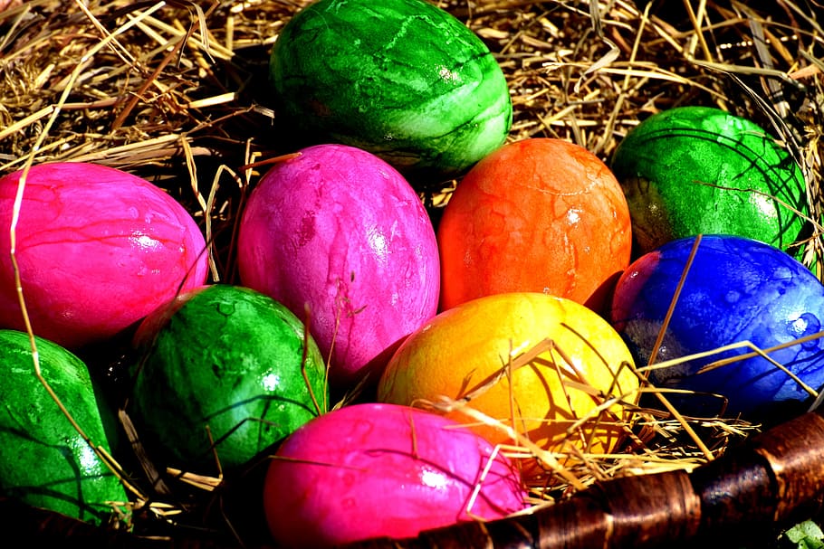egg, colored, colorful, easter, easter eggs, easter nest, happy easter HD wallpaper