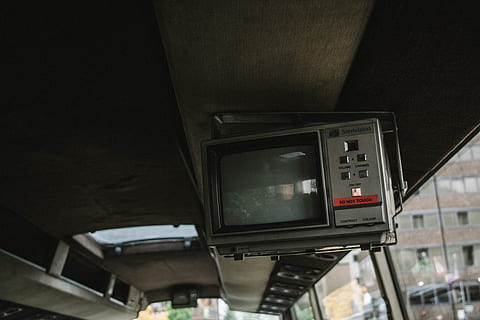 gray CRT TV, vintage gray TV, black, vintage TV, mounted, bus HD wallpaper
