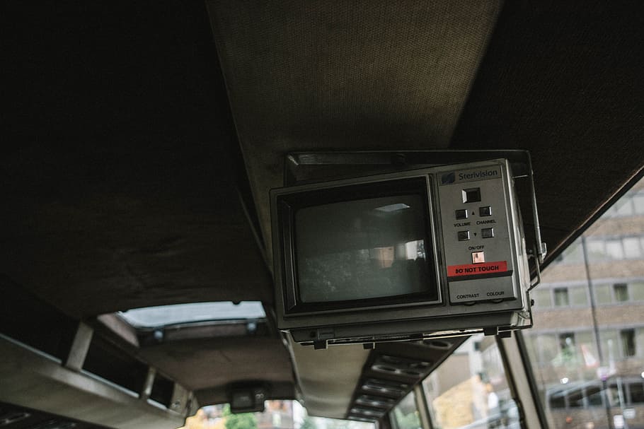 gray CRT TV, vintage gray TV, black, vintage TV, mounted, bus HD wallpaper