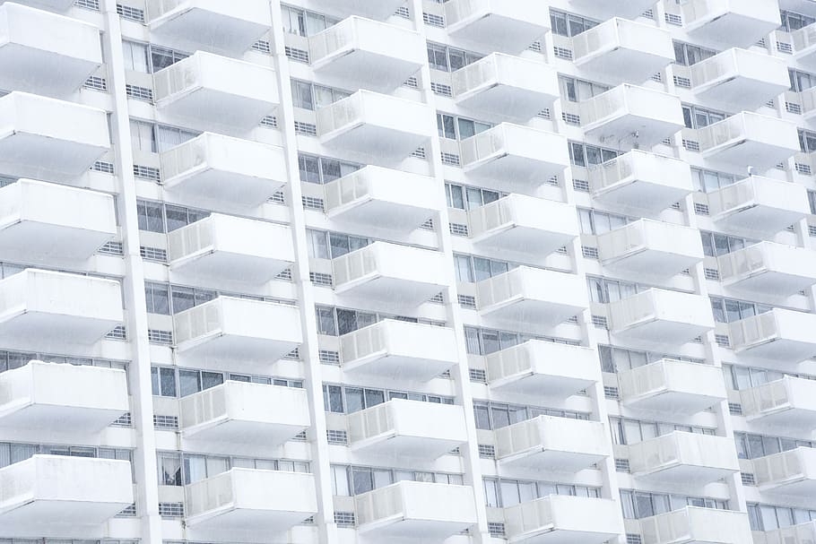 white building facade, down view of white concrete building, balcony HD wallpaper