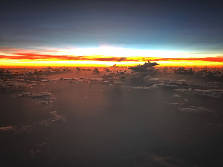 View from the cockpit, photo of clouds, sunset, sunrise, water HD wallpaper