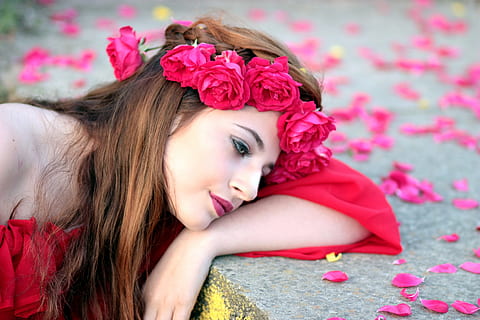 Hd Wallpaper Woman Wearing Pink Headrest And Pink Dress Girl Flowers Wreath Wallpaper Flare