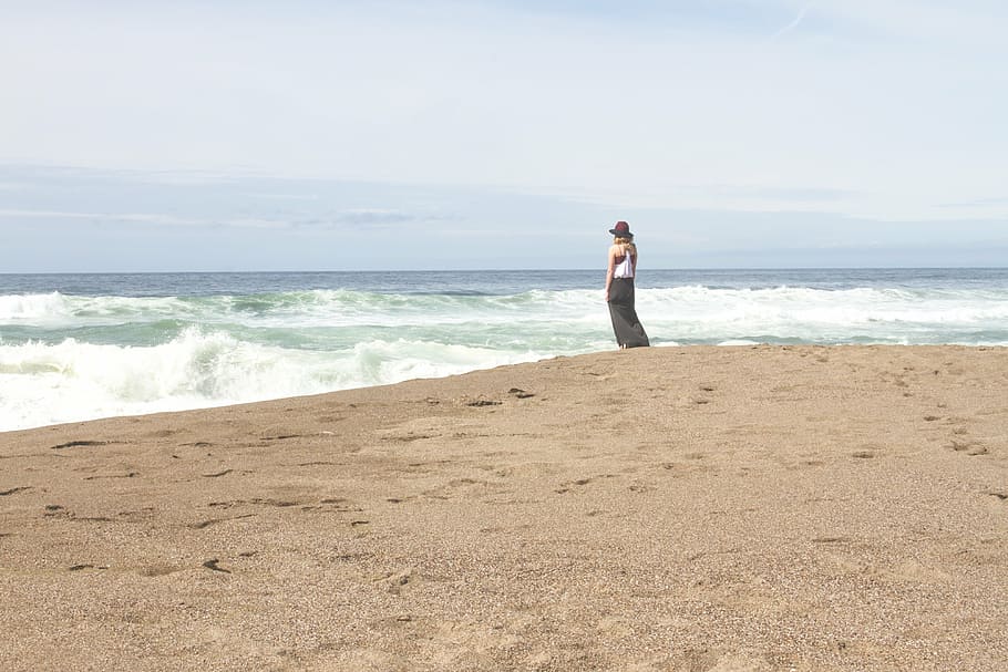 woman standing beside shore during daytime, near, ocean, girl, HD wallpaper