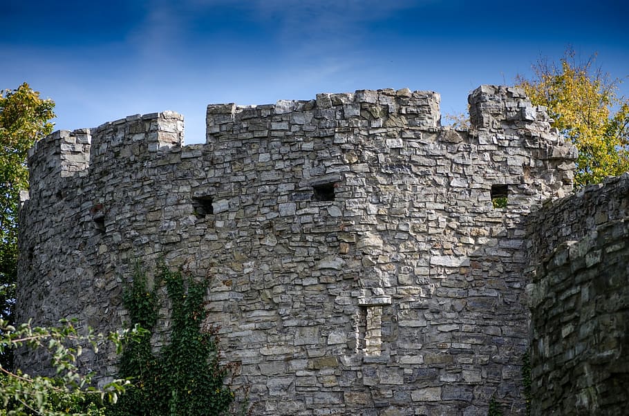walls, castle, sky, blue, trees, past, window, stones, king HD wallpaper