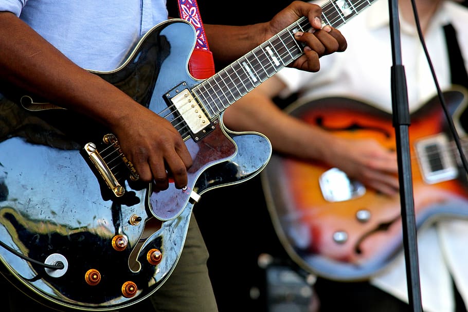 black telecaster guitar, guitars, instruments, perform, stage HD wallpaper