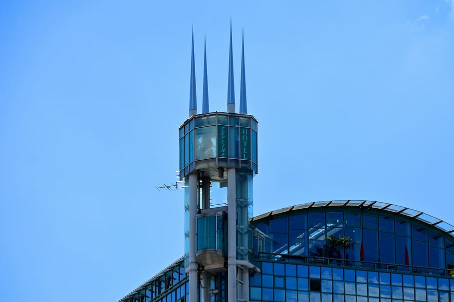 skyscraper, elevator, city, hotel, tower, pointed, blue, kempten HD wallpaper