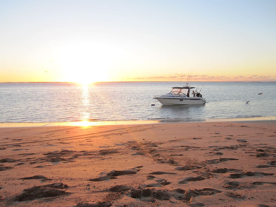 Sunset, Sea, Boat, Beach, Water, Ocean, seascape, nautical vessel HD wallpaper