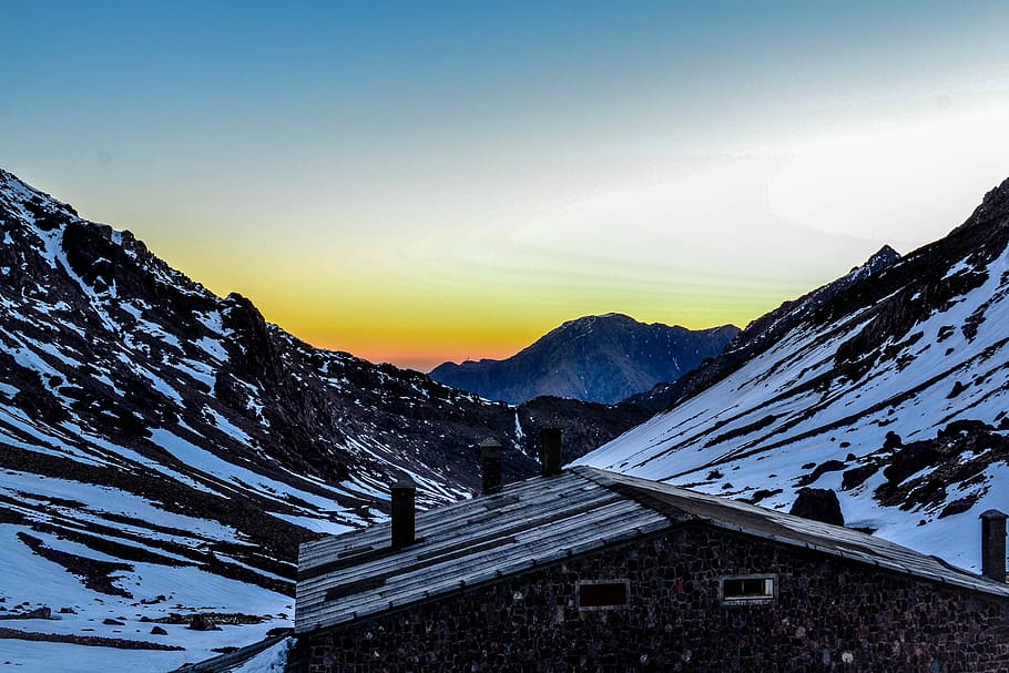 Morocco, Twilight, Mountain, Sunset, snow, landscpe, cabin HD wallpaper