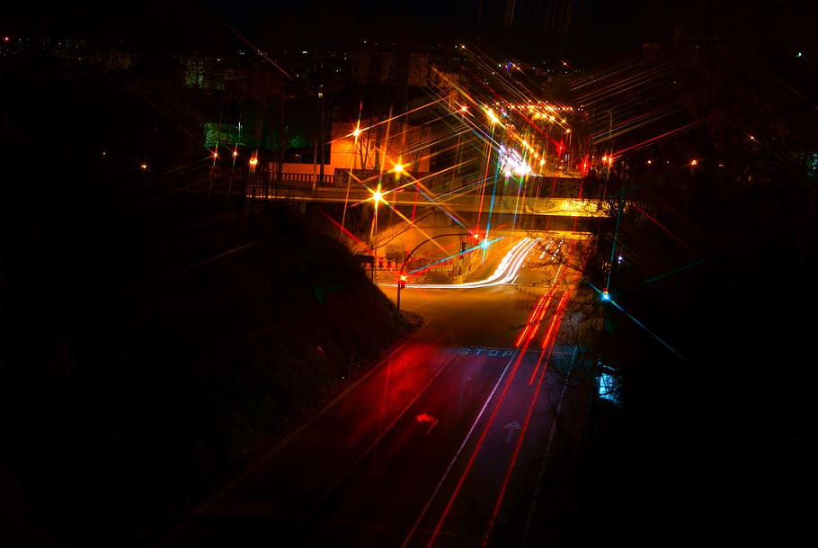 Night, Lights, Trails, Deserted, Street, road, dark, city, urban HD wallpaper