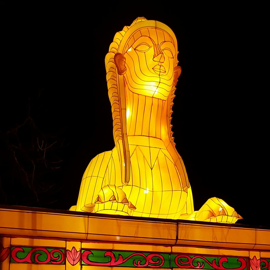 Sphynx, Lantern, Orange, Outside, decoration, statue, night HD wallpaper