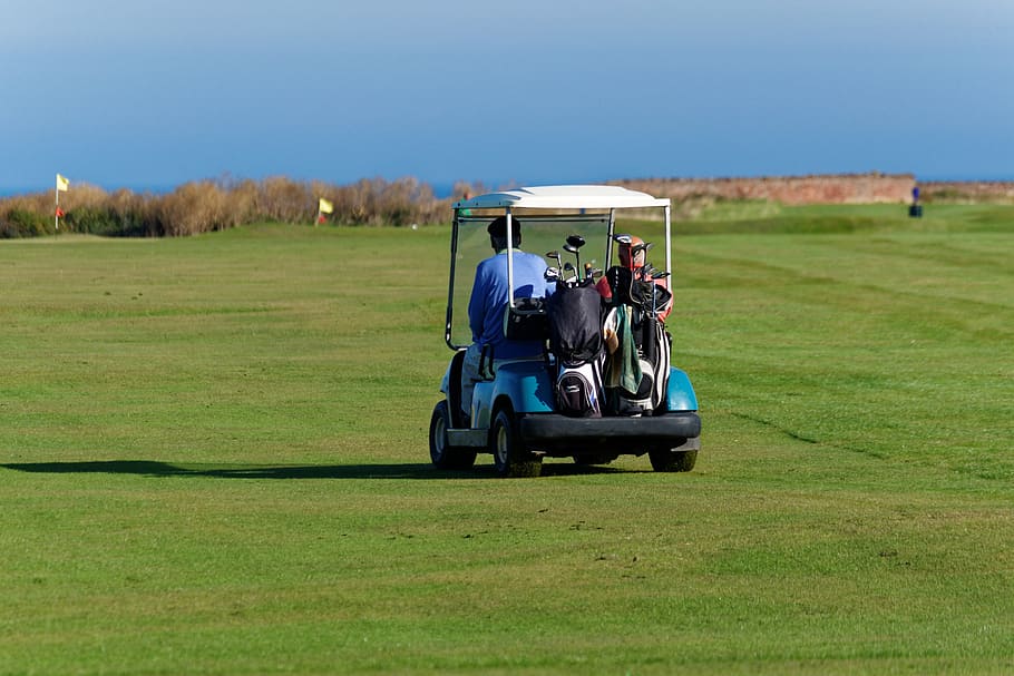 man riding golf cart, golf buggy, golfers, men, people, grass