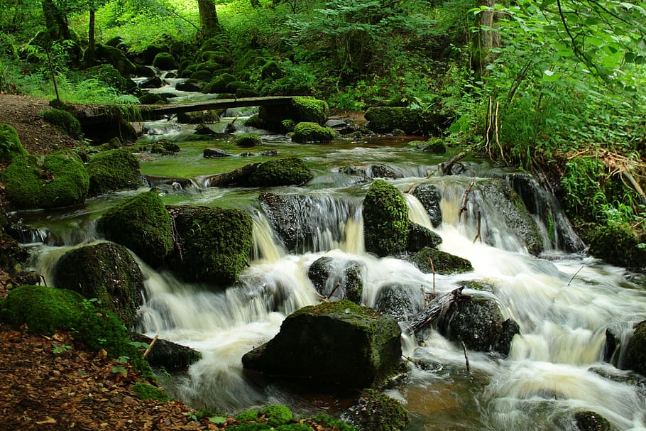 cascade, summer, nature, water, long exposure, flowing water HD wallpaper