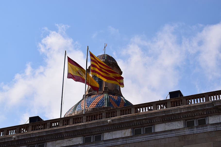 sky, flags, spain, catalonia, tourism, clouds, barcelona, building HD wallpaper