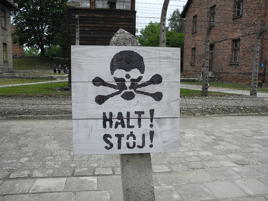 concentration camp, poland, blackboard, stop, headstand, halt HD wallpaper